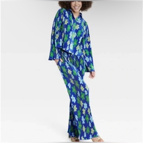 Target X Sammy B FULL SET Floral Blue Pleated Shirt/High Waist Pants Wide Leg 1X - Picture 3 of 10